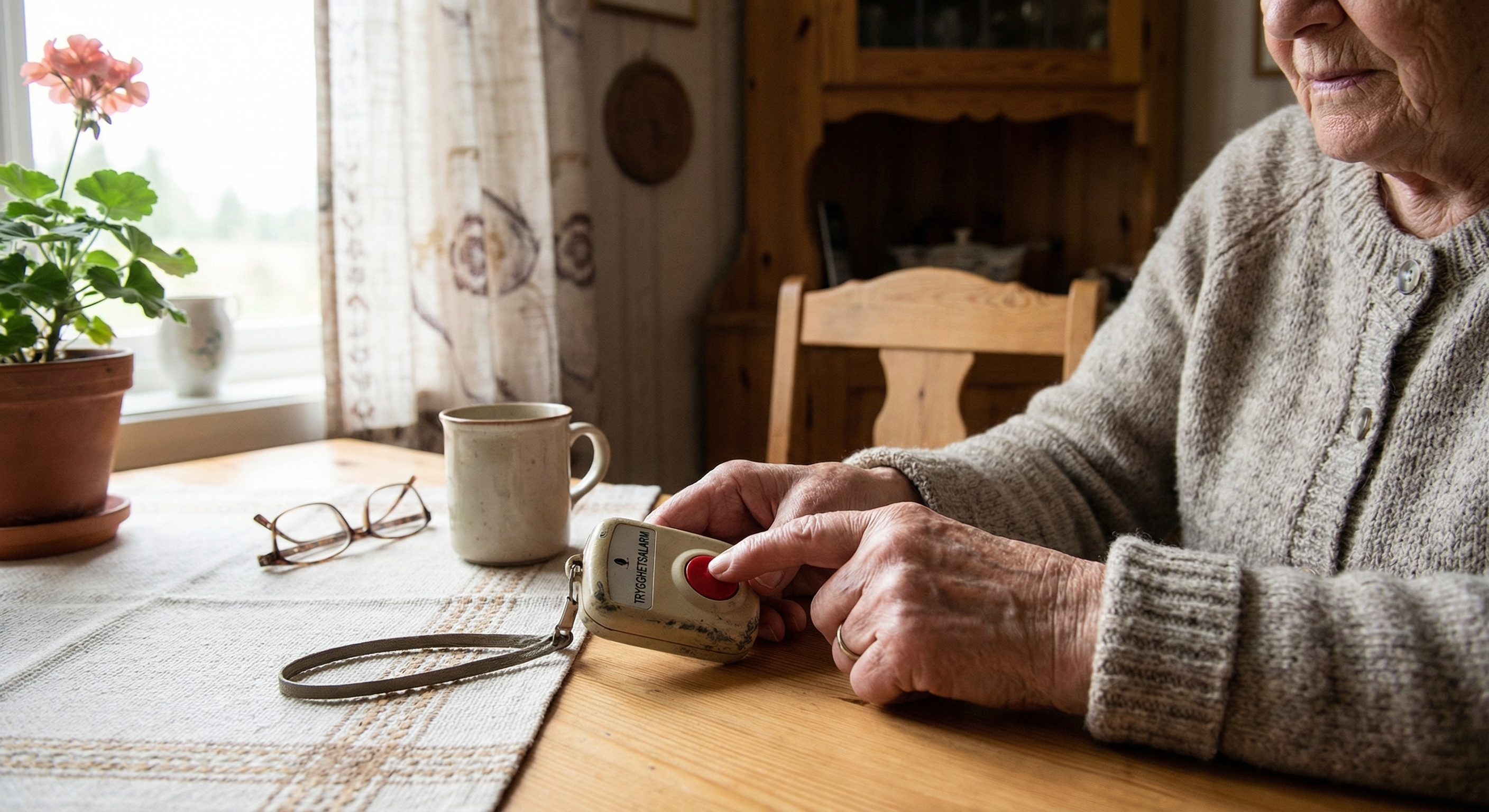 Trygghetsalarm på bord ved siden av eldre person